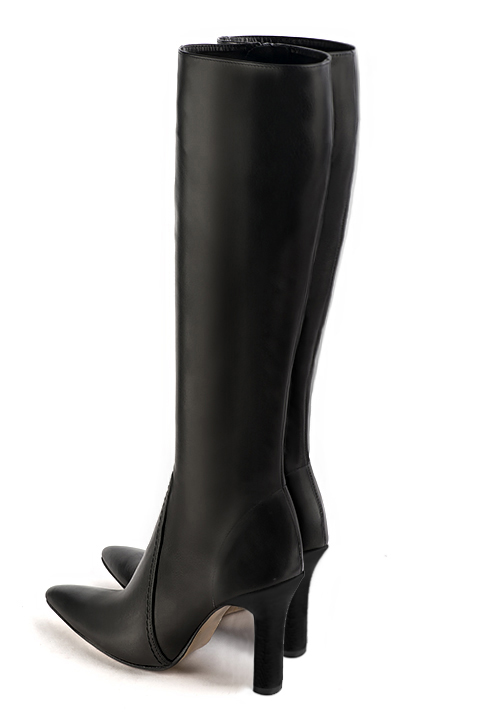 Satin black women's feminine knee-high boots. Tapered toe. Very high kitten heels. Made to measure. Rear view - Florence KOOIJMAN